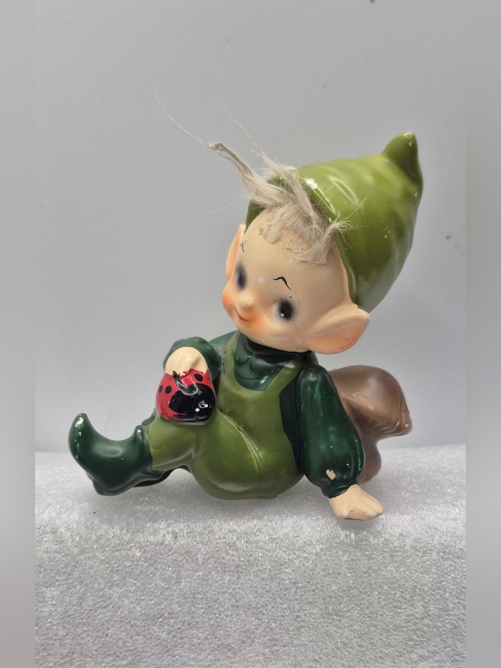 MCM Pixie Elf Figurine with Lady Bug & Mushroom ‘Real’ Hair by Josef Originals